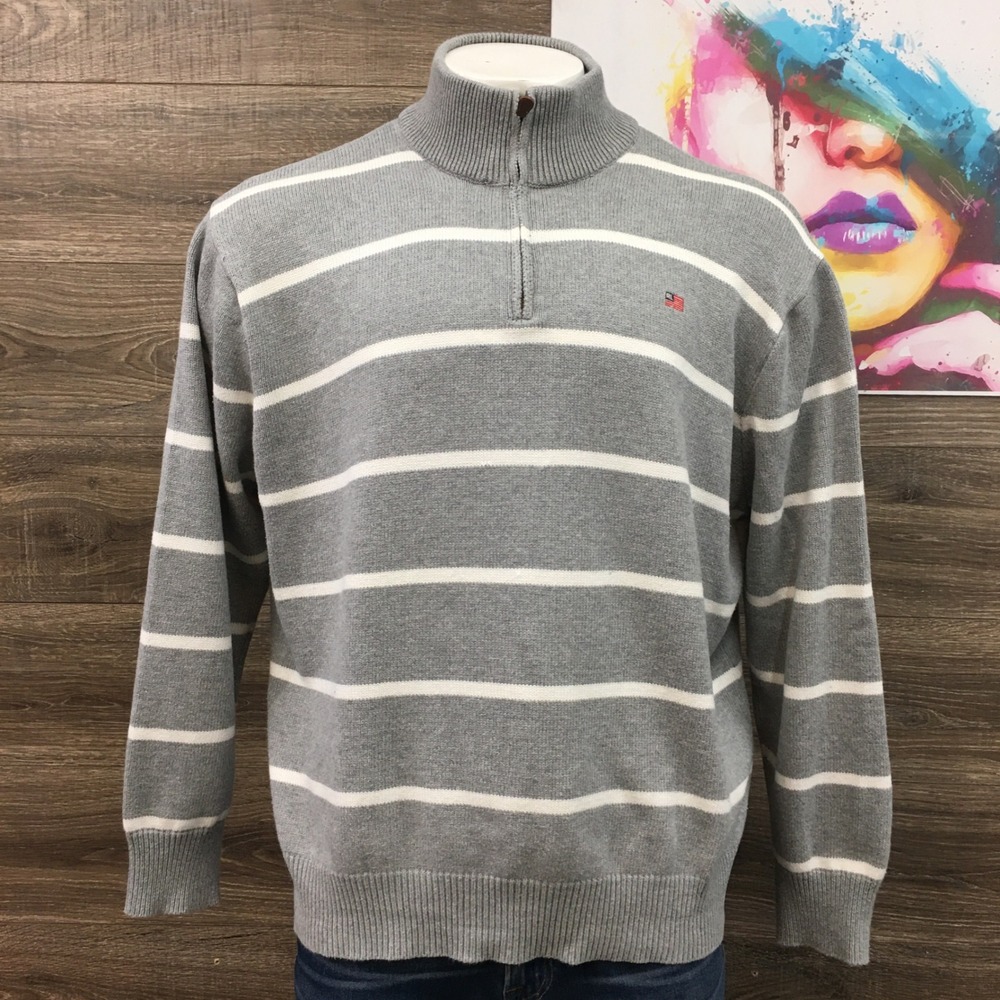 VINTAGE Polo Jeans Ralph Lauren Mens XXL Striped Quarter Zip Y2K Sweater Flag